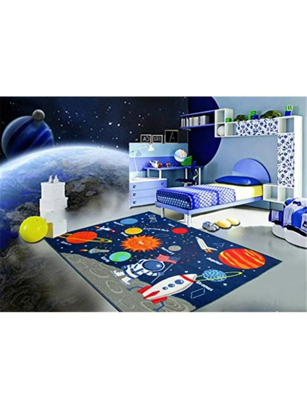 Outer Space Kids Play Area Rug, Solar System Carpet, Galaxy Planets Stars Play